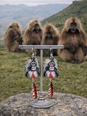 Handpainted gelada baboon earrings monkeys wildlife jewelry OOAK